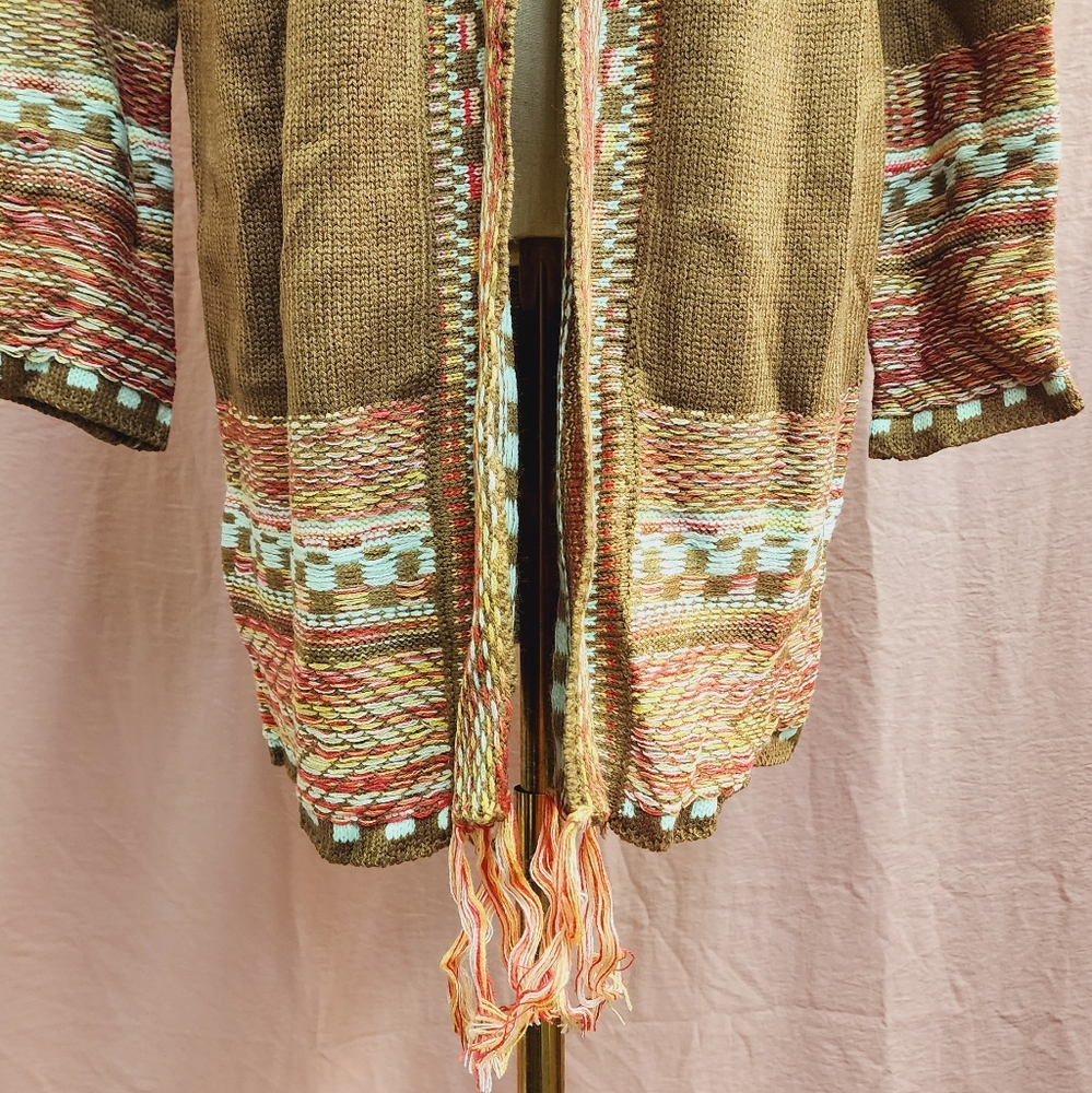 SHEIN LUNE Checkered & Geo Pattern Drop Shoulder Fringe Trim Duster Cardigan-(S) - Picture 8 of 10